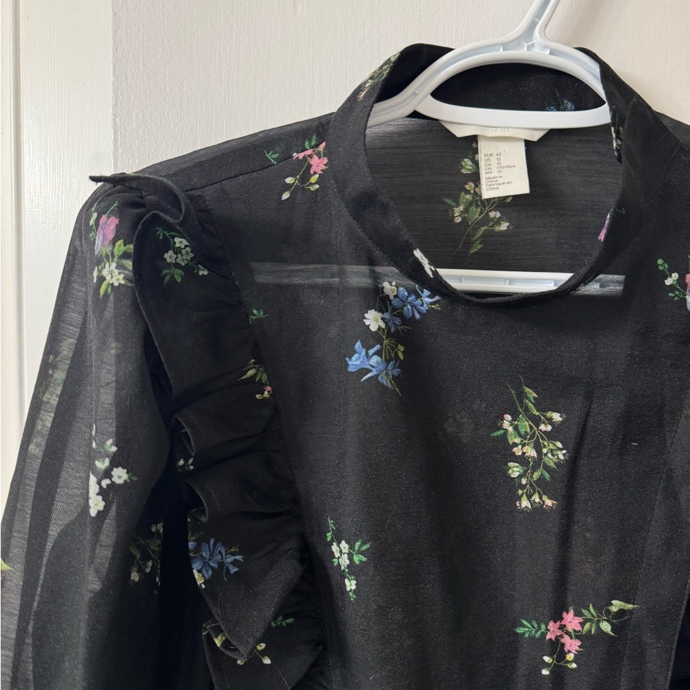 H&M Black Sheer Blouse with Floral Design